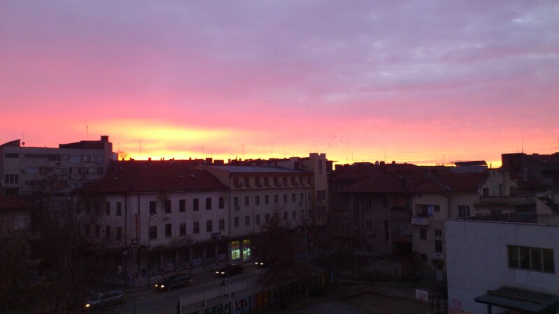Cityscape at Sunset — Pink, Dramatic