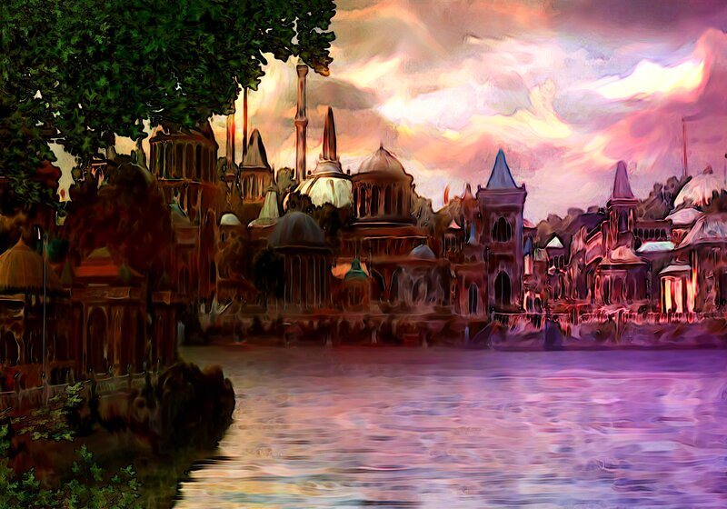 Cityscape at Sunset — Purple, Dramatic, Digital Art, River