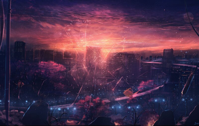 Cityscape at Sunset — Purple, Dramatic, Digital Art, Skyscraper