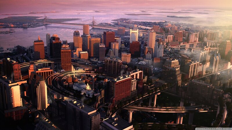 Cityscape at Sunset — Purple, Dramatic, Digital Art, Skyscrapers