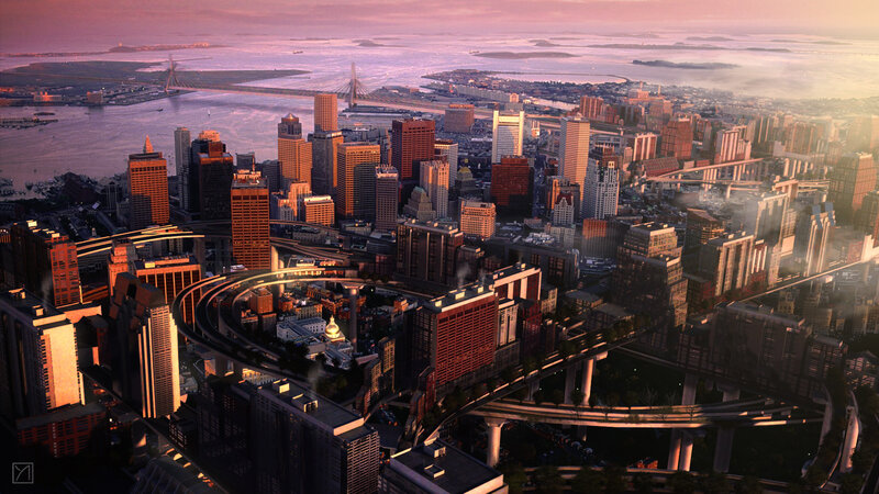 Cityscape at Sunset — Purple, Dramatic, Digital Art