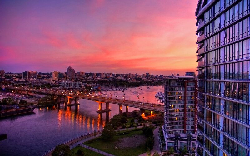 Cityscape at Sunset — Purple, Dramatic, Photograph, Bridge