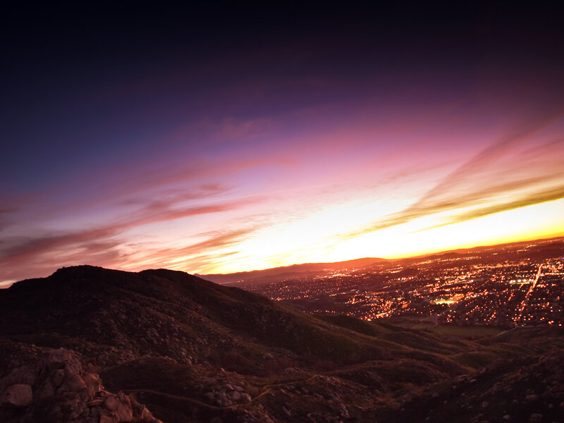 Cityscape at Sunset — Purple, Dramatic, Photograph, Mountains, Sky