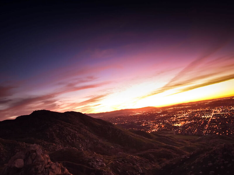 Cityscape at Sunset — Purple, Dramatic, Photograph, Mountains