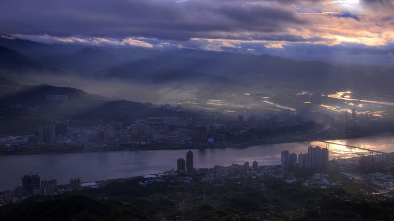 Cityscape at Sunset — Purple, Dramatic, Photograph, River