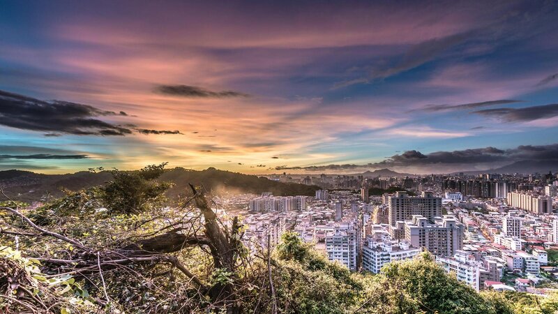 Cityscape at Sunset — Purple, Dramatic, Photograph, Sky, Buildings