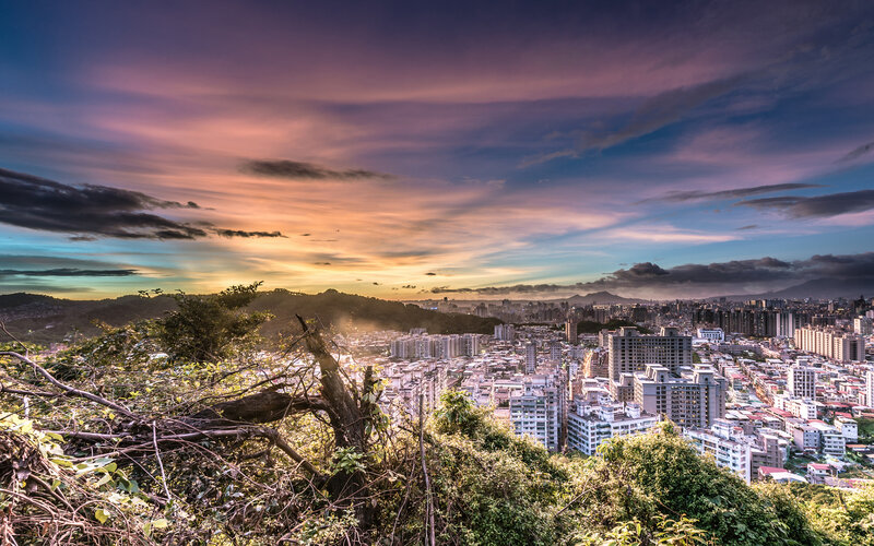 Cityscape at Sunset — Purple, Dramatic, Photograph, Sky