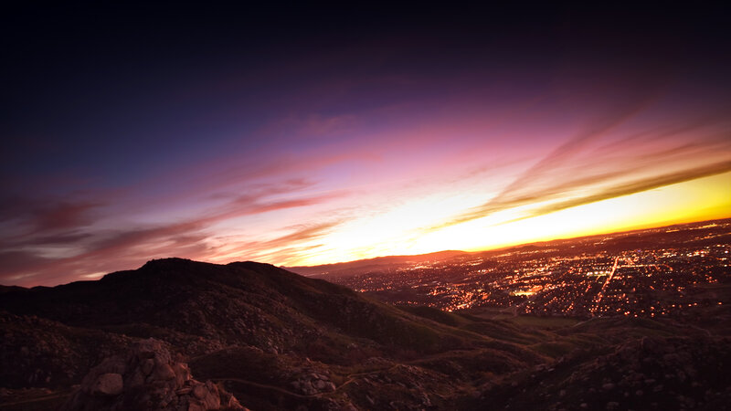 Cityscape at Sunset — Purple, Dramatic, Photograph