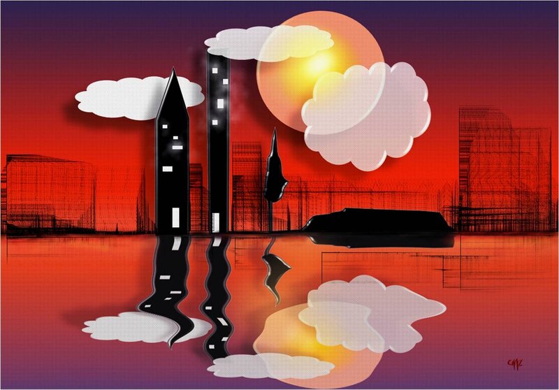 Cityscape at Sunset — Red, Dramatic, Digital Art