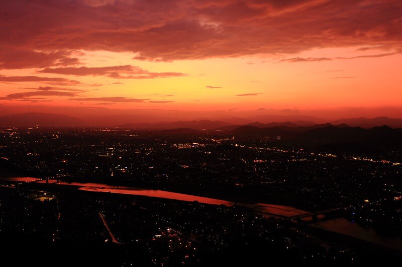 Cityscape at Sunset — Red, Dramatic, Photograph, River