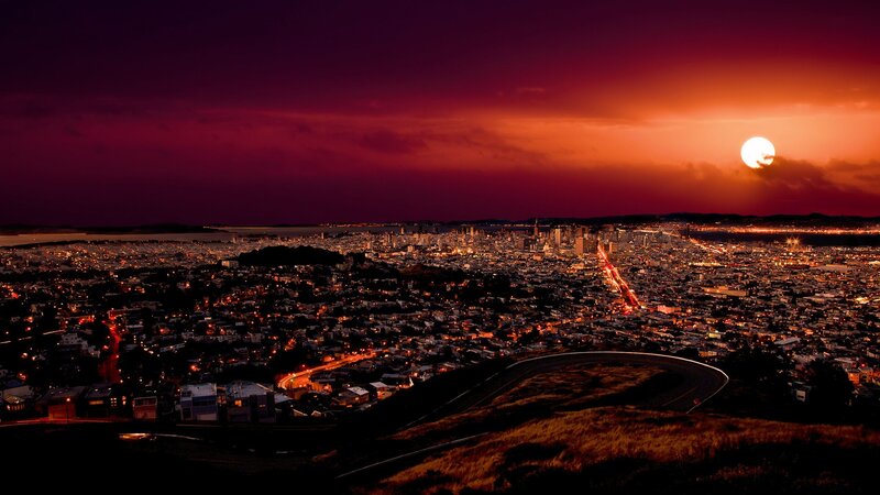Cityscape at Sunset — Red, Dramatic, Photograph