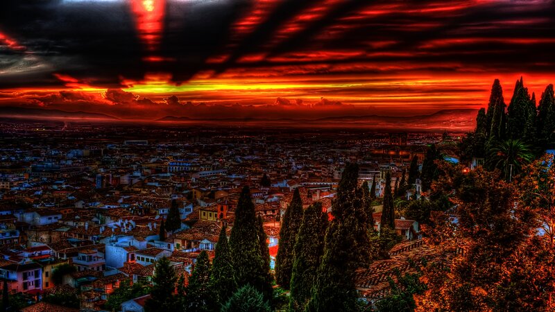 Cityscape at Sunset — Red, Dramatic