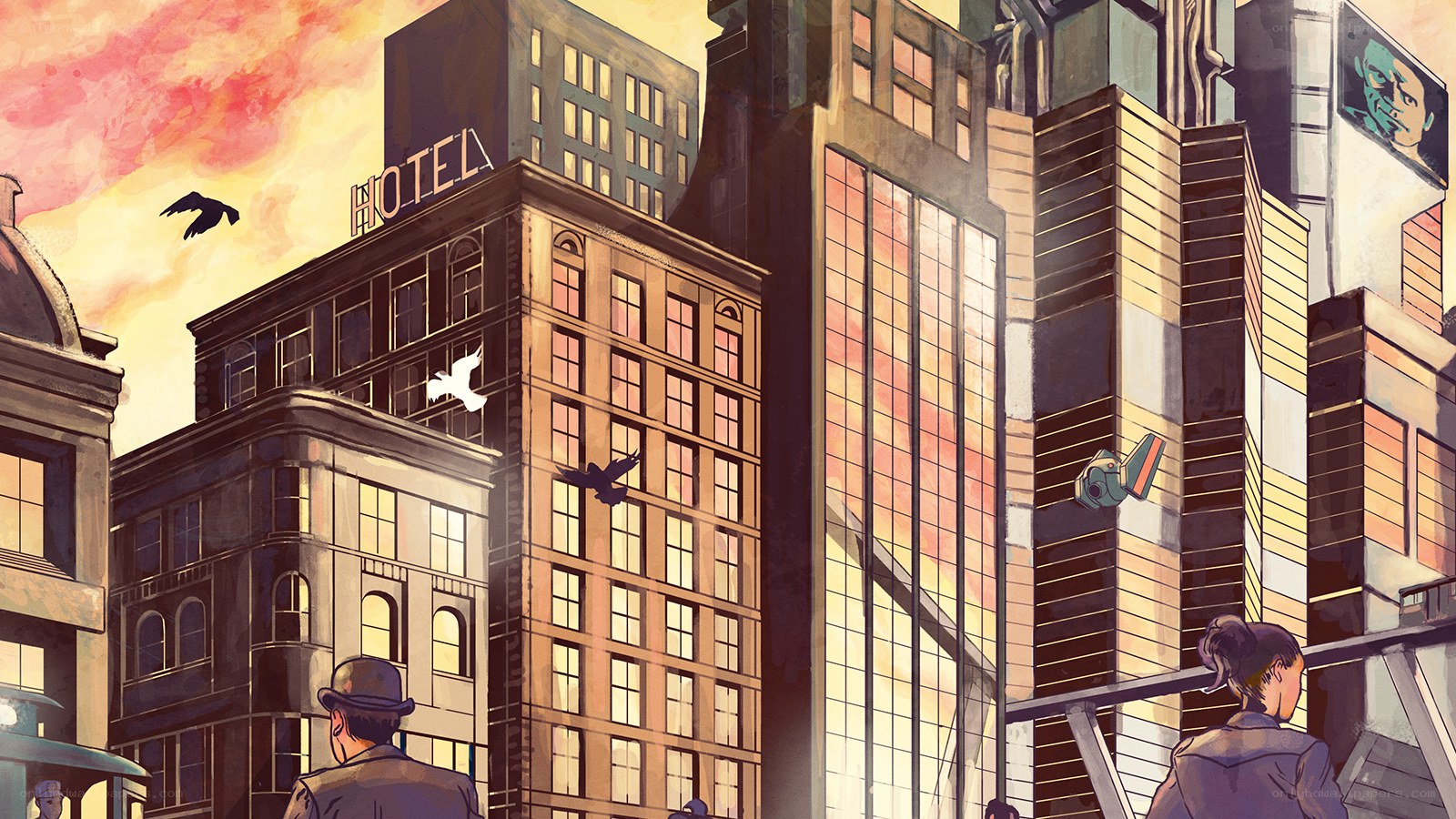 cityscape at sunset with birds