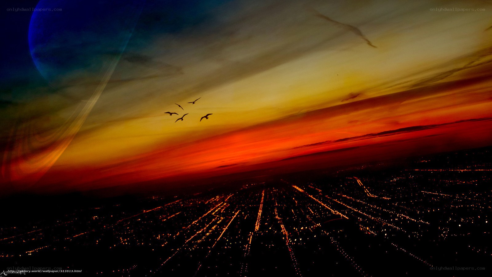 Cityscape at sunset with birds