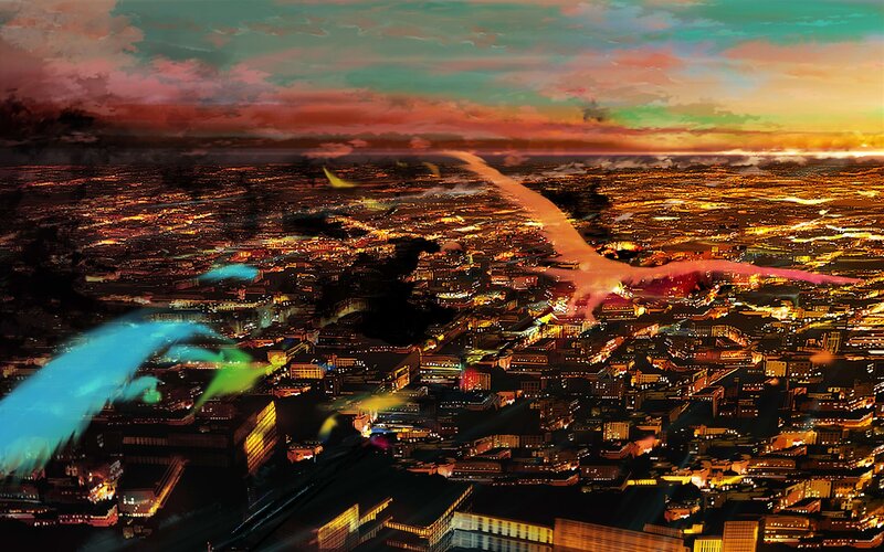 Cityscape at sunset with glowing trails