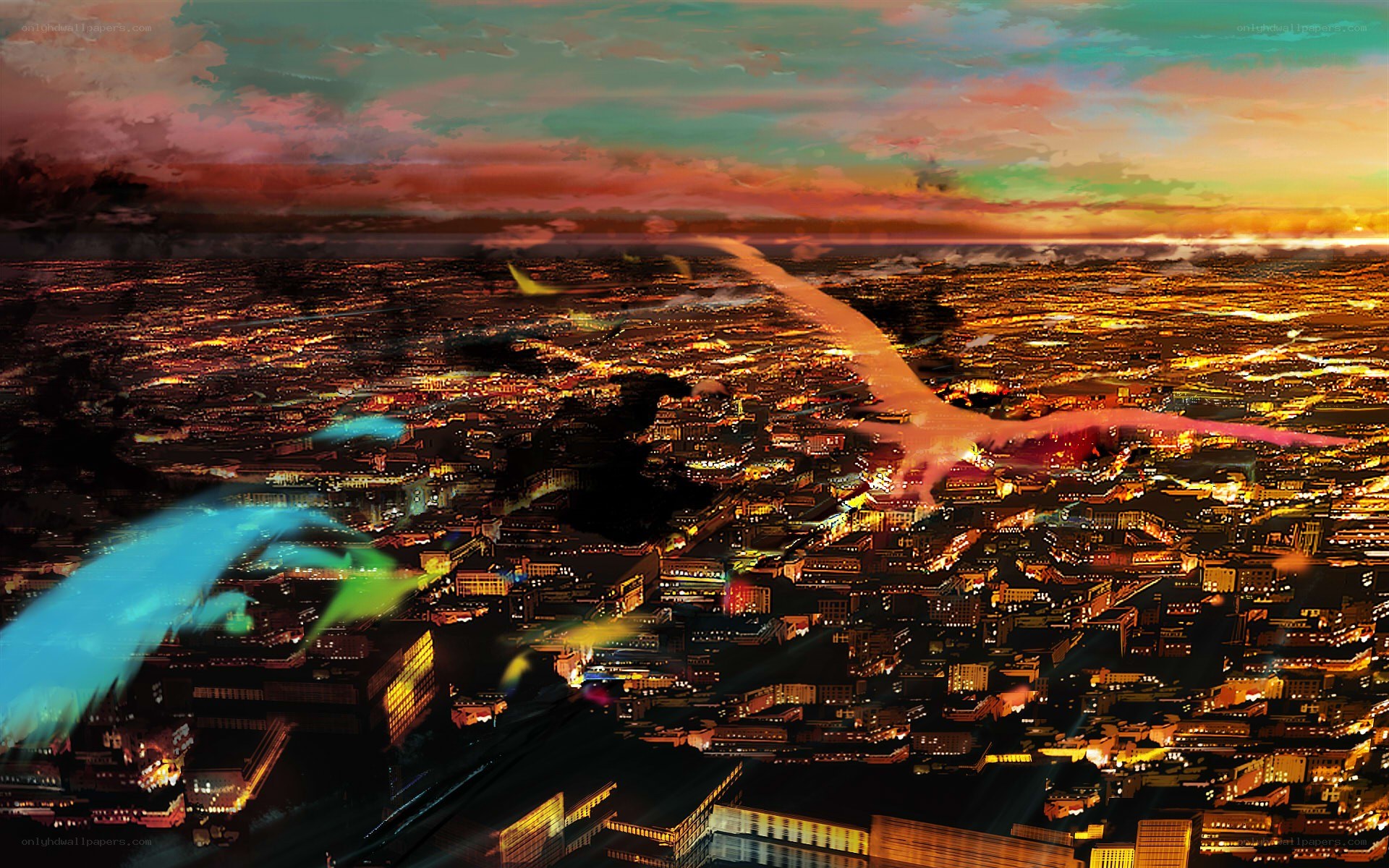 Cityscape at sunset with glowing trails