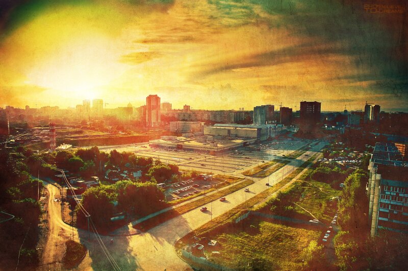 Cityscape at Sunset — Yellow, Dramatic, Photograph, Buildings, Roads