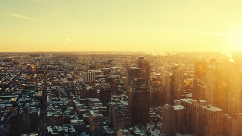 Cityscape at Sunset — Yellow, Dramatic, Photograph, Buildings