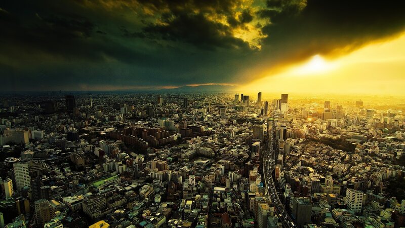 Cityscape at Sunset — Yellow, Dramatic, Photograph, Skyscraper