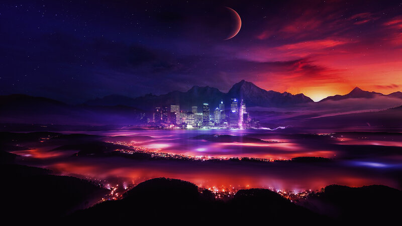Cityscape at Twilight — Purple, Dramatic