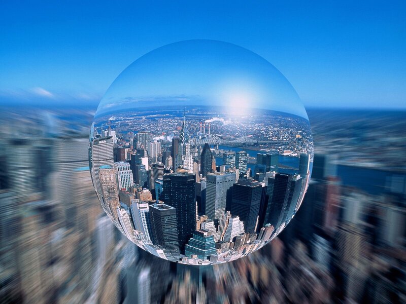 Cityscape in a Sphere — Blue, Dramatic, Afternoon, Photograph, Skyscrapers