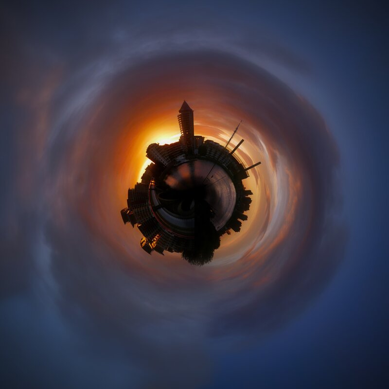 Cityscape in a Sphere — Blue, Dramatic, Sunset