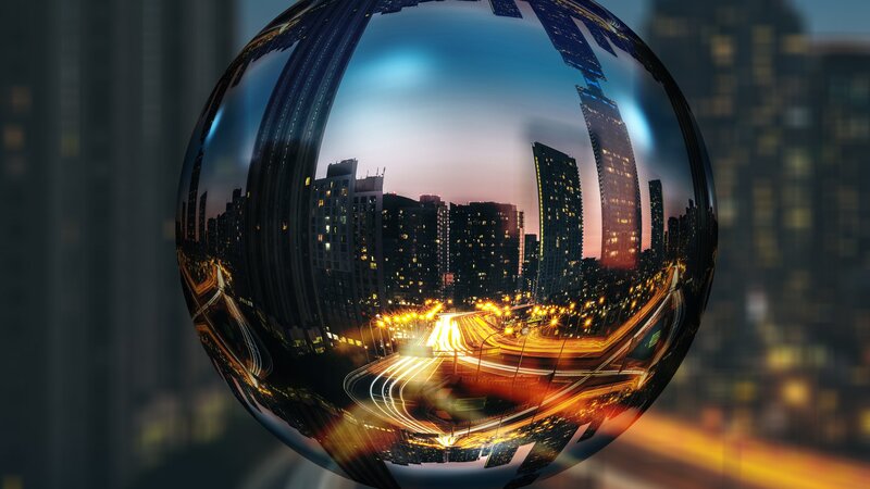 Cityscape in Glass Sphere — Blue, Dramatic