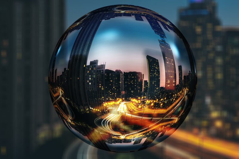 Cityscape in Glass Sphere — Blue