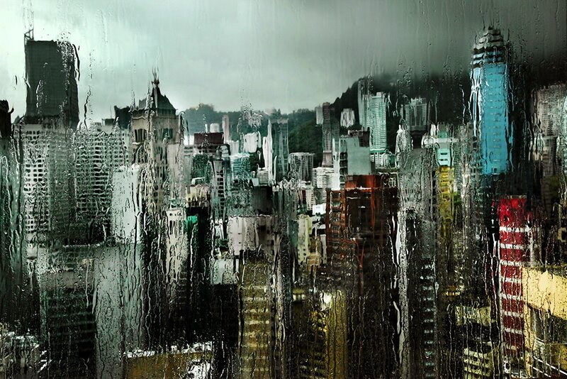 Cityscape Through Rain-streaked Window — Gray