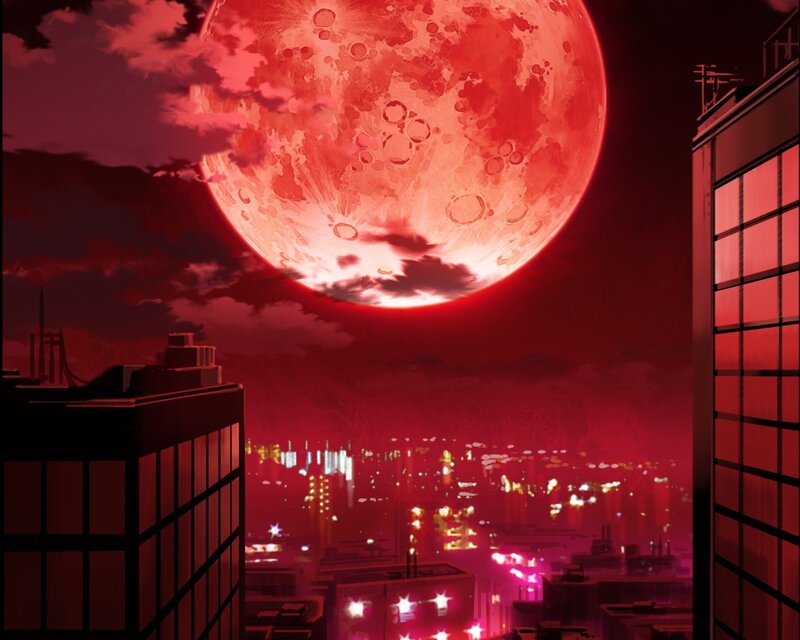 Cityscape under Red Moon