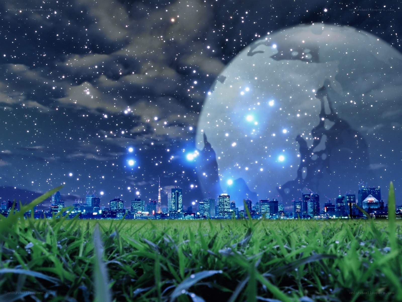 Cityscape under starry sky