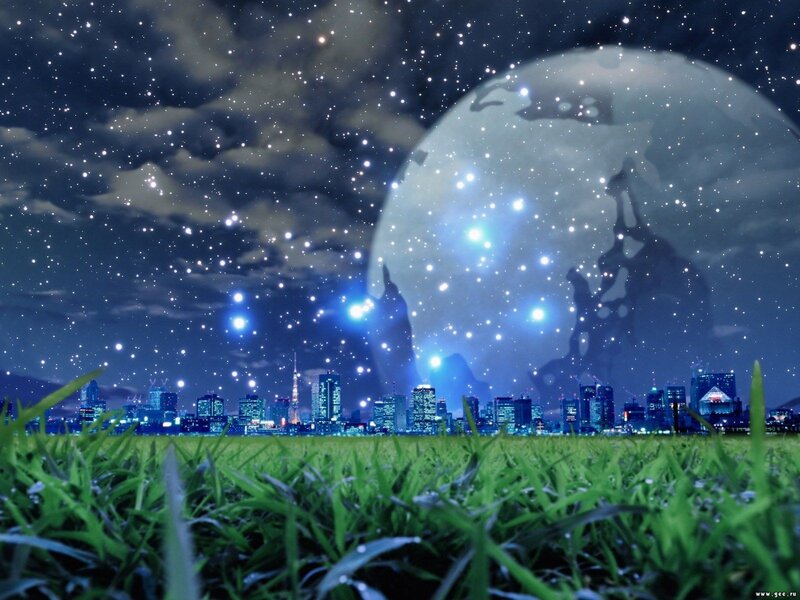 Cityscape under starry sky