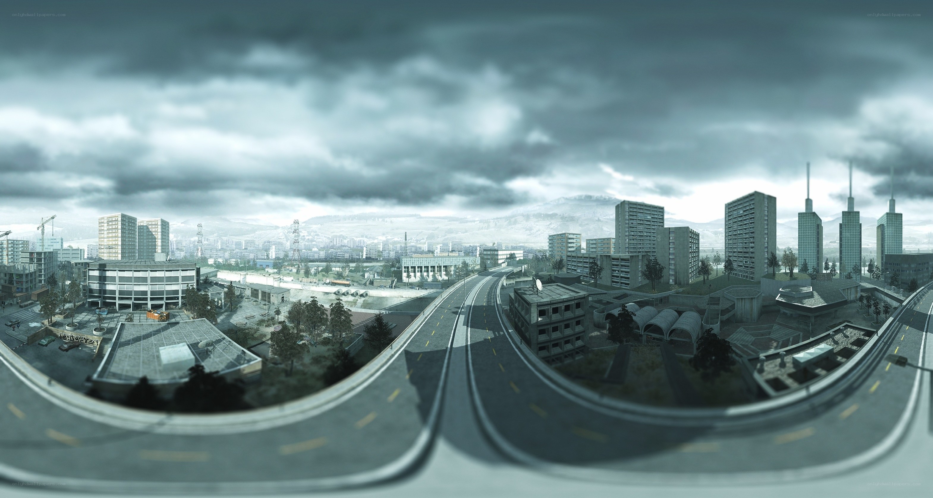 cityscape under stormy sky