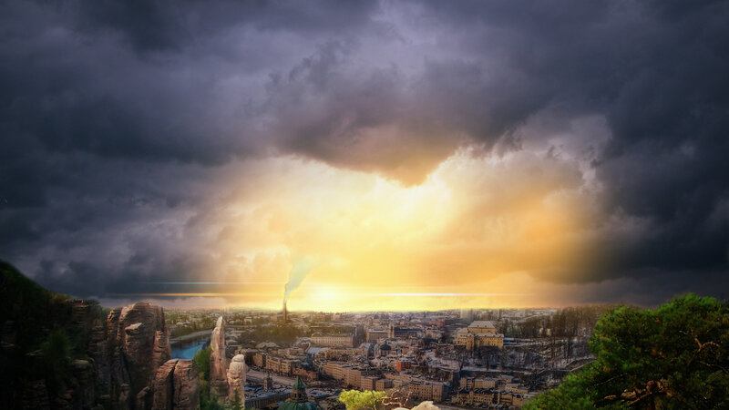 Cityscape under Stormy Sky — Gray