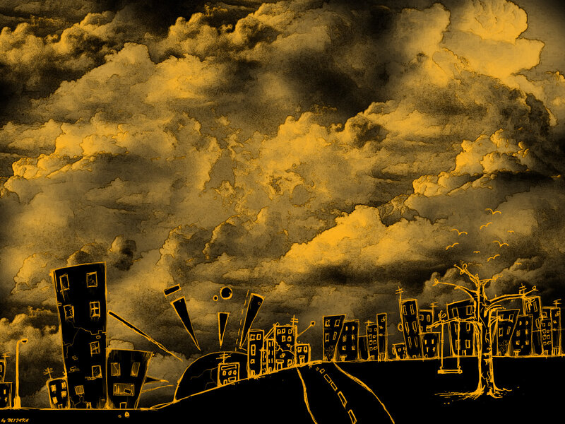 Cityscape under Stormy Sky — Yellow, Dramatic