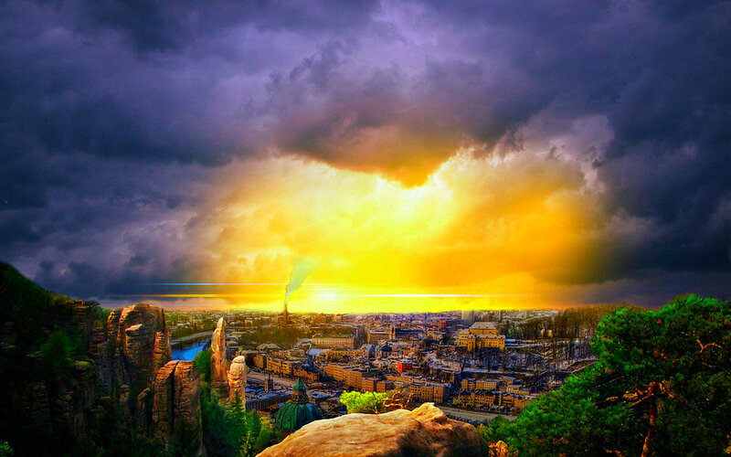 Cityscape under Stormy Sky — Yellow