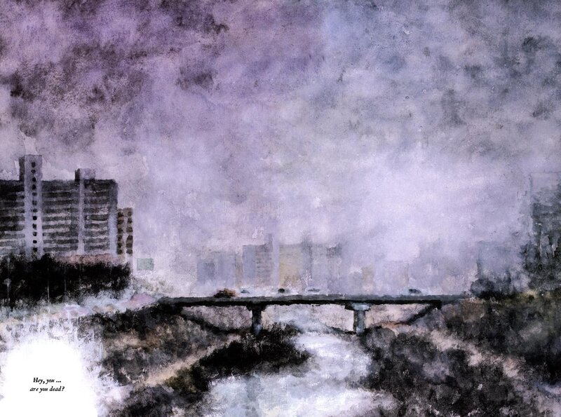 Cityscape with bridge and text