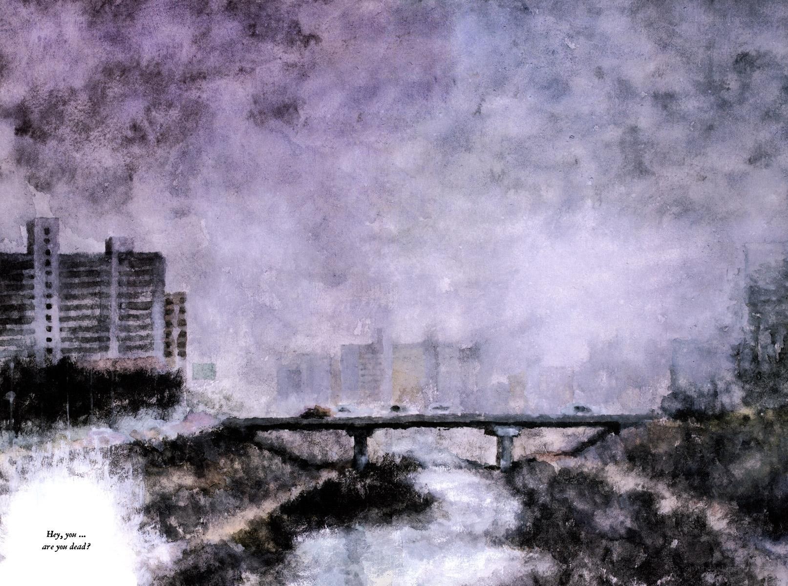 Cityscape with bridge and text