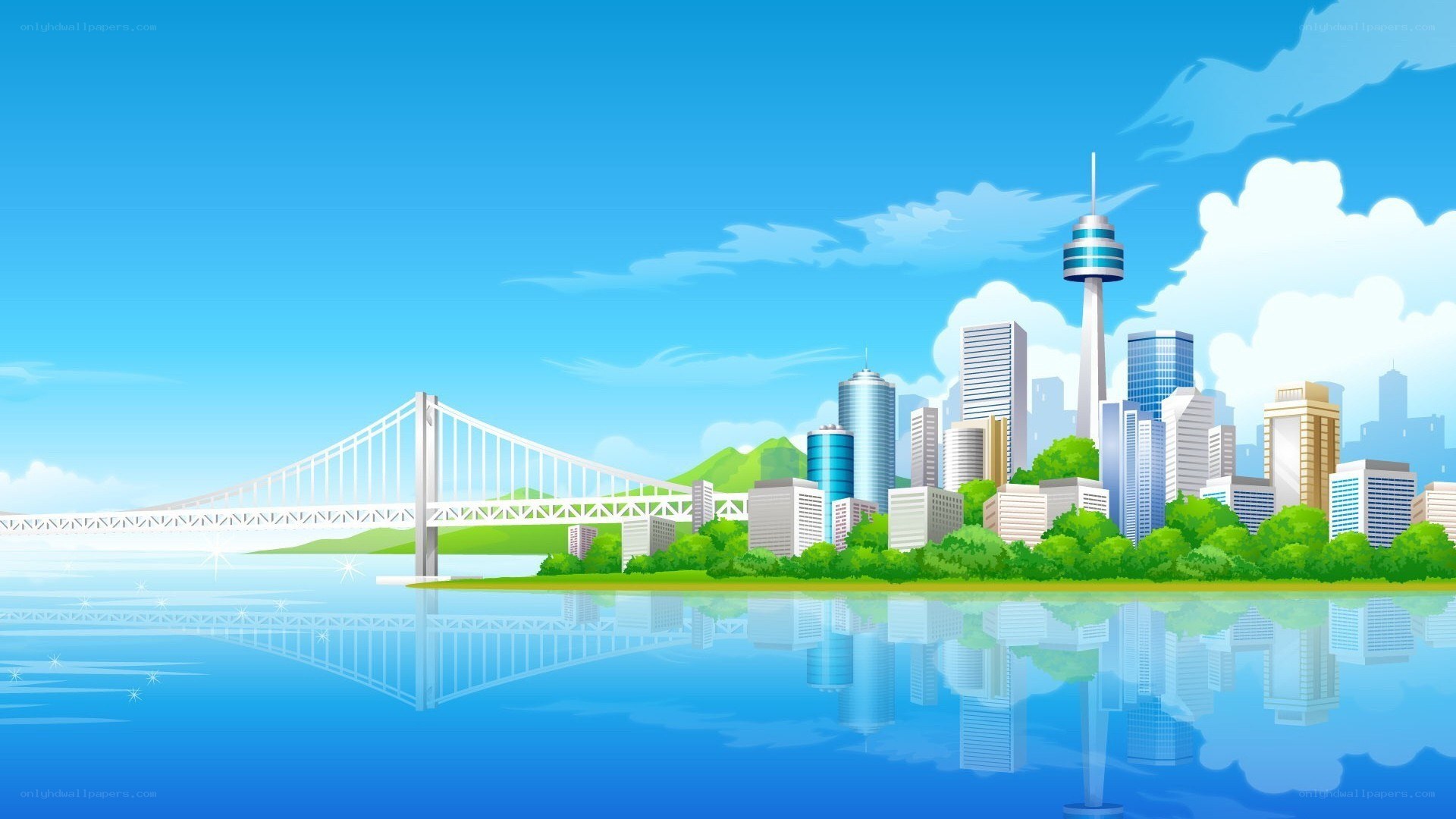 cityscape with bridge and tower