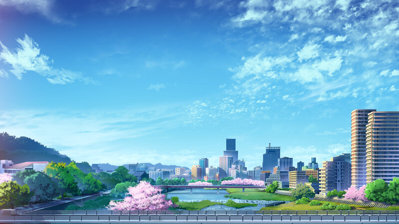 Cityscape with Cherry Blossoms — Blue, Serene, Spring
