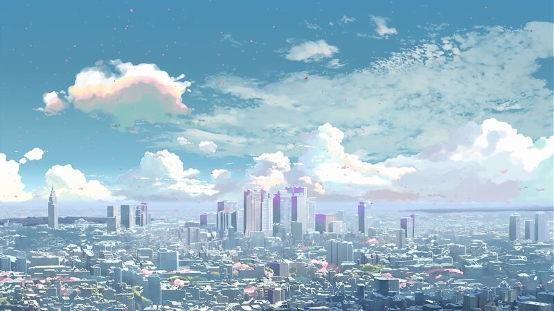 Cityscape with Cherry Blossoms — Blue, Serene