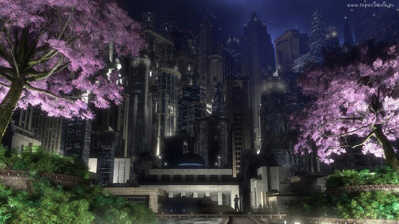 Cityscape with Cherry Trees