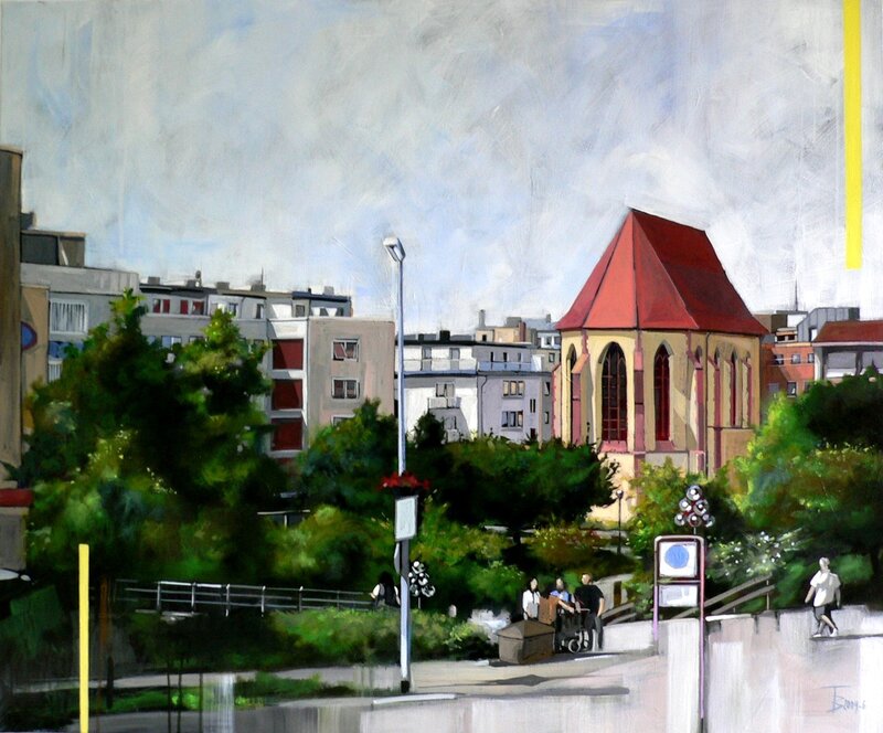 Cityscape with church and park