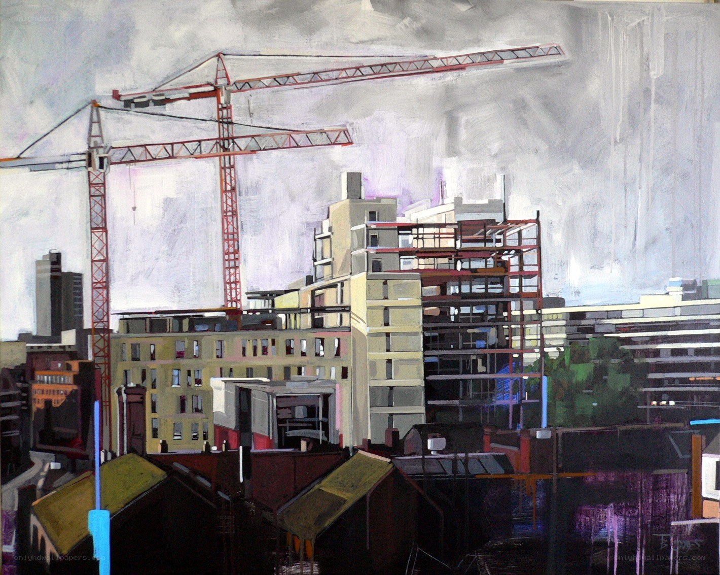 Cityscape with construction cranes