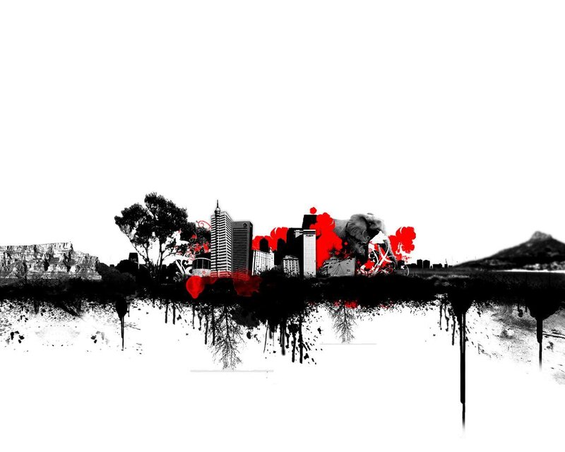 cityscape with elephant and red splashes