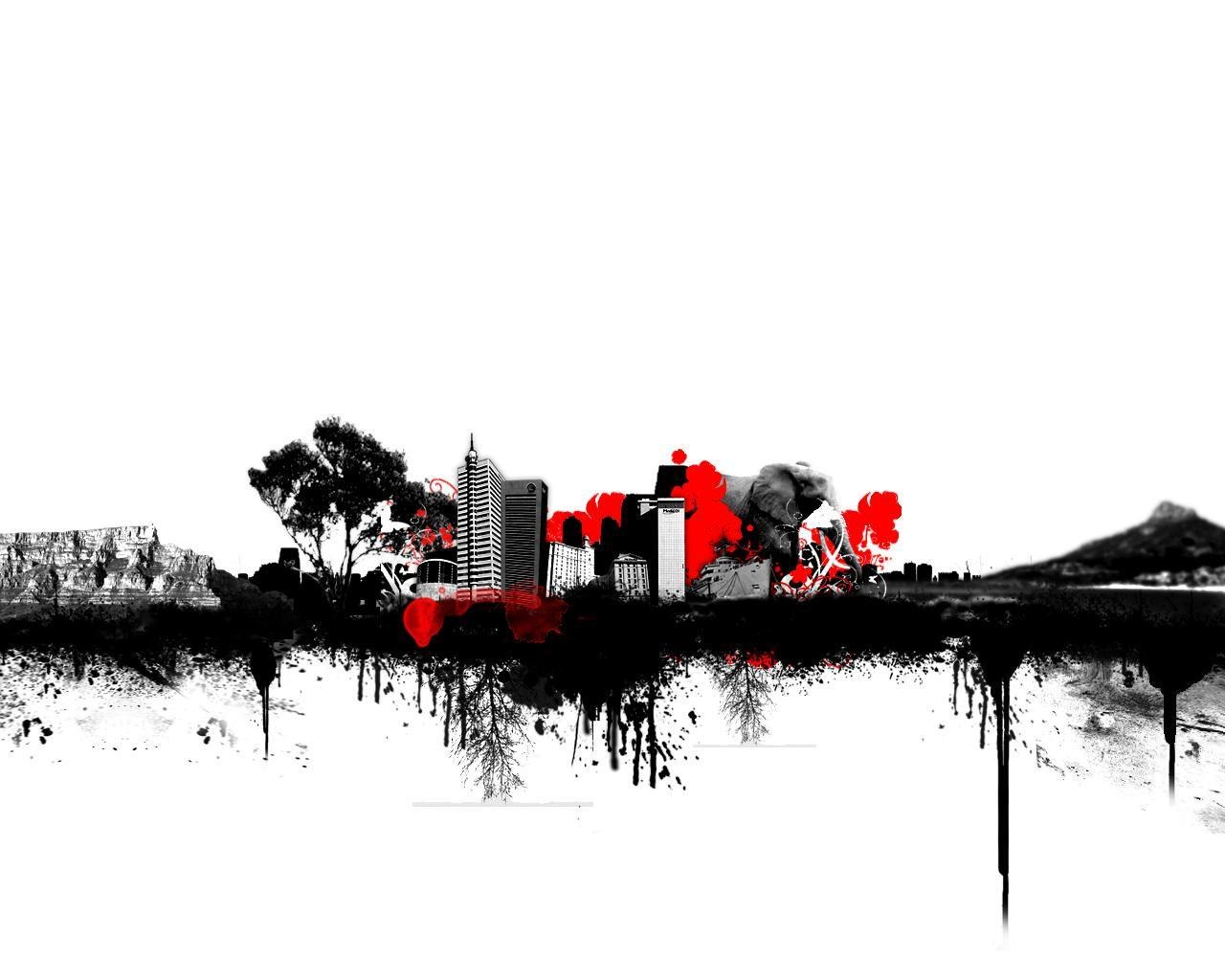 cityscape with elephant and red splashes