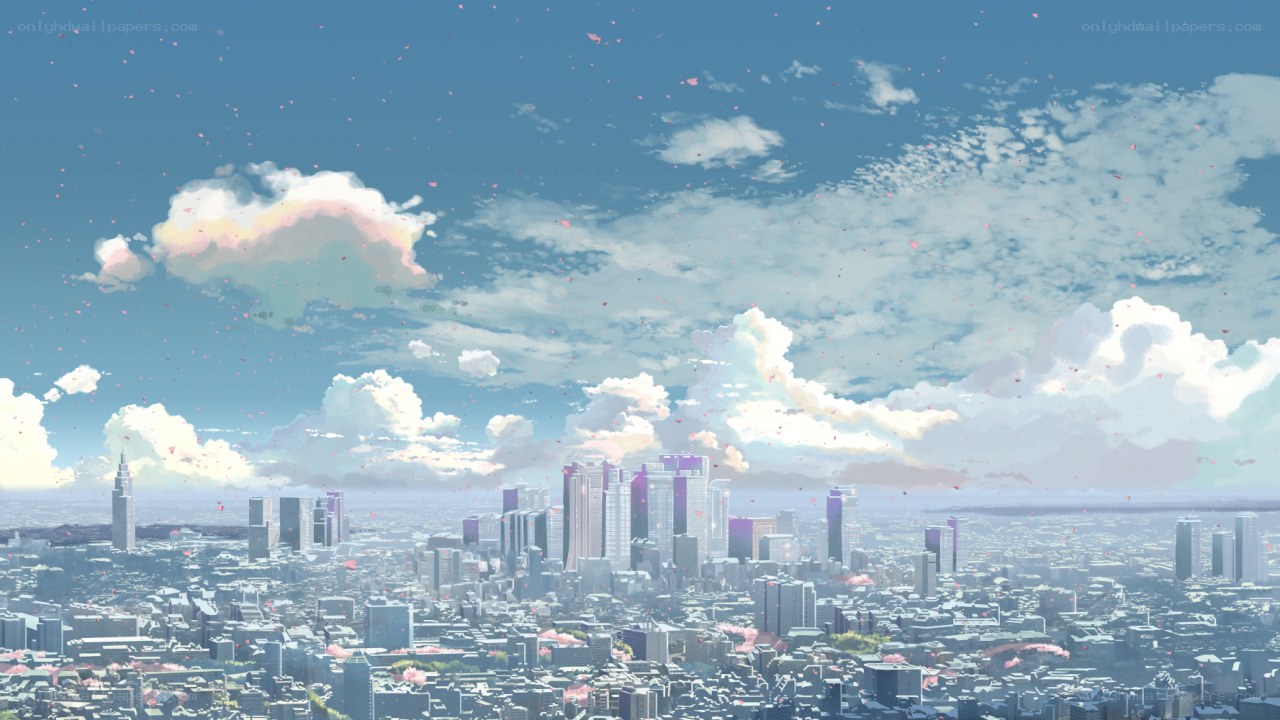 Cityscape with falling petals