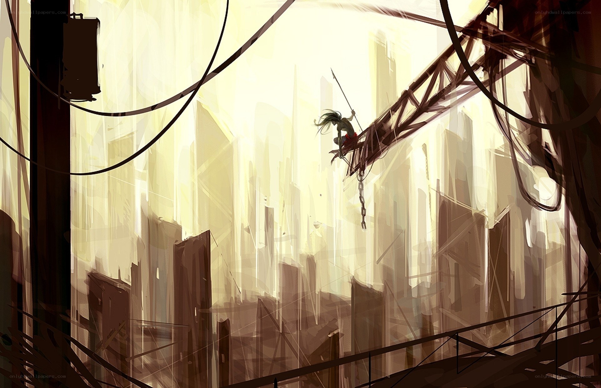 Cityscape with figure on crane