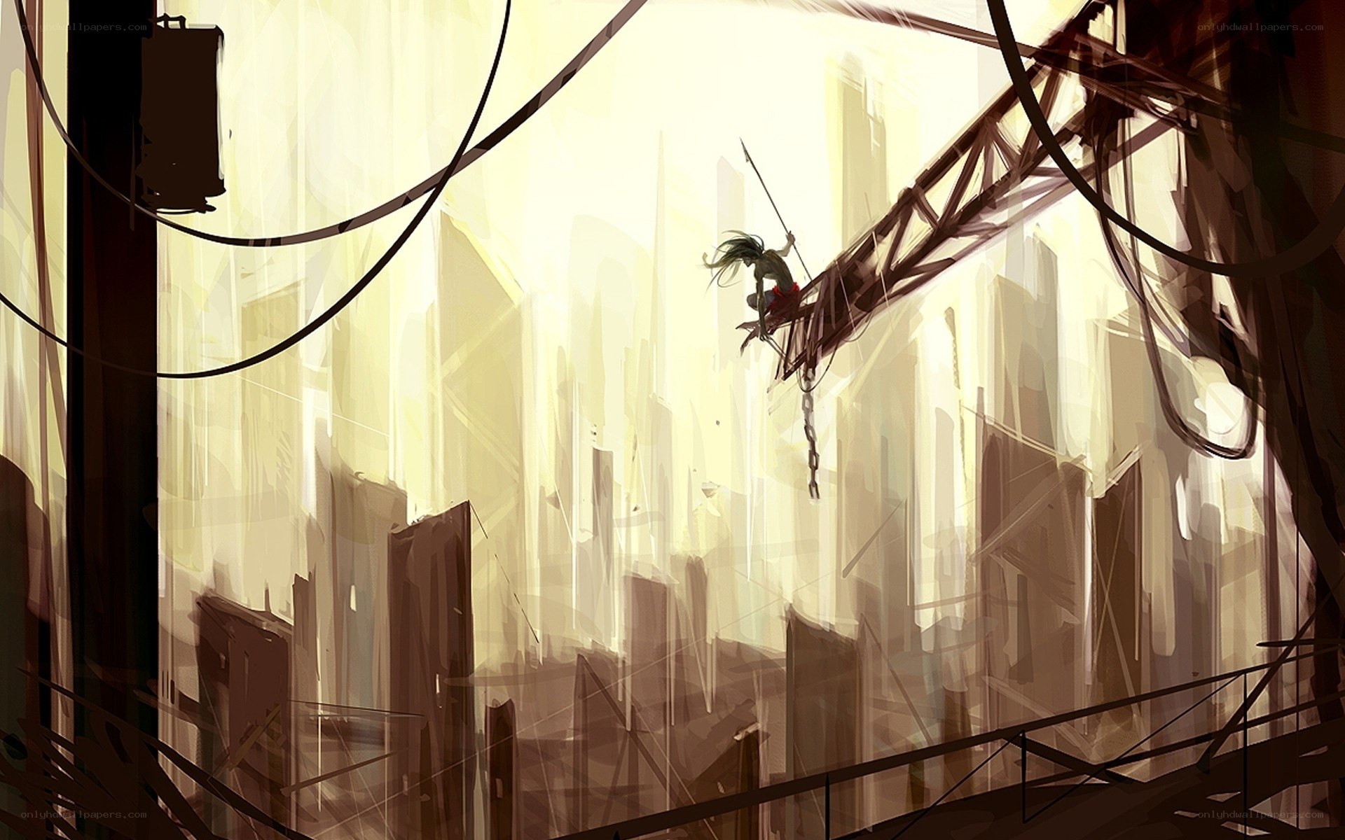 Cityscape with figure on crane