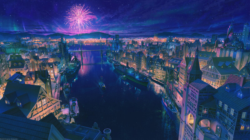 Cityscape with Fireworks — Purple